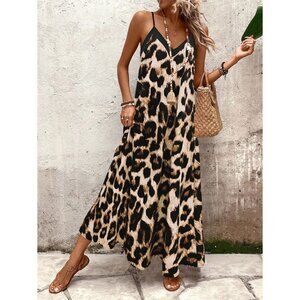 Leopard print maxi dress contrast stitching black tan BoHo vacation